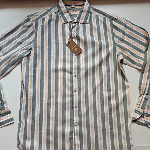 NEW Stenstroms Striped Green Orange Button Down Linen Cotton Dress Shirt Size L - Picture 9 of 16